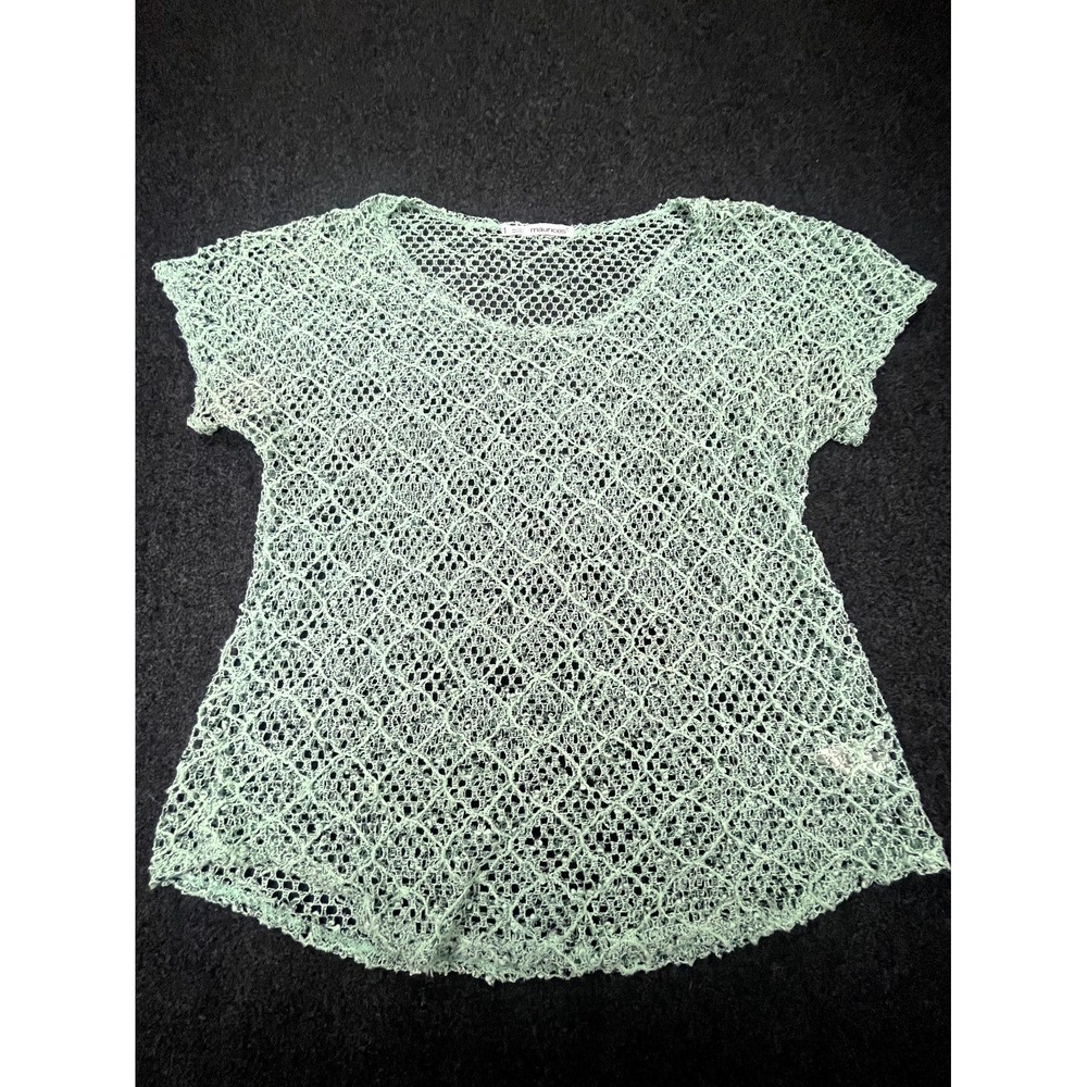 Maurices Top Womens 1 Green Crochet Open Knit Curved Hem Short Sleeve Round Neck